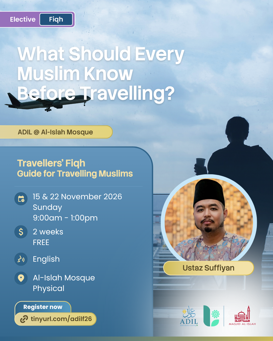 Travellers’ Fiqh poster: 15 and 22 November 2026, 9am to 1pm, free, English, Al-Islah Mosque