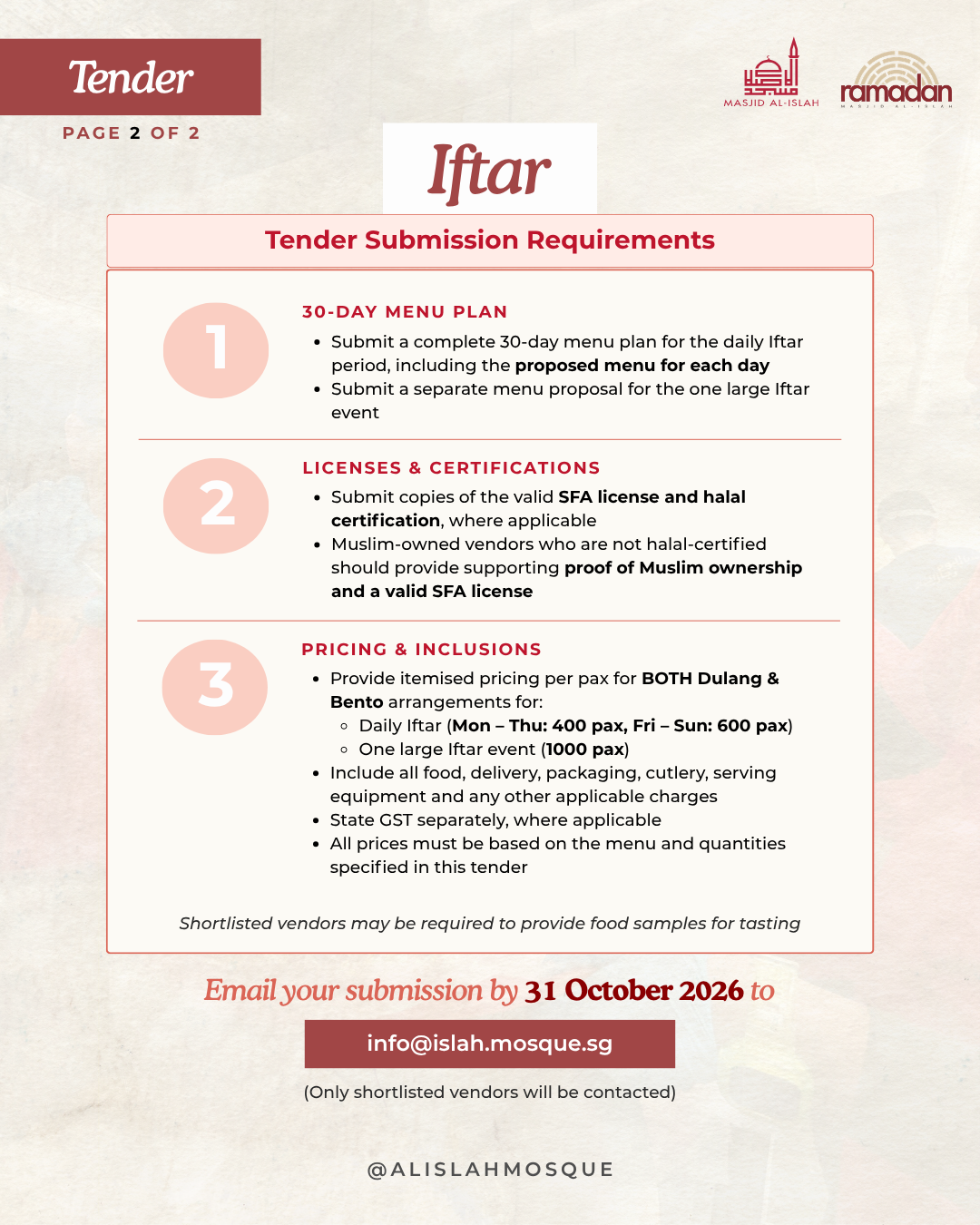 Iftar tender submission requirements