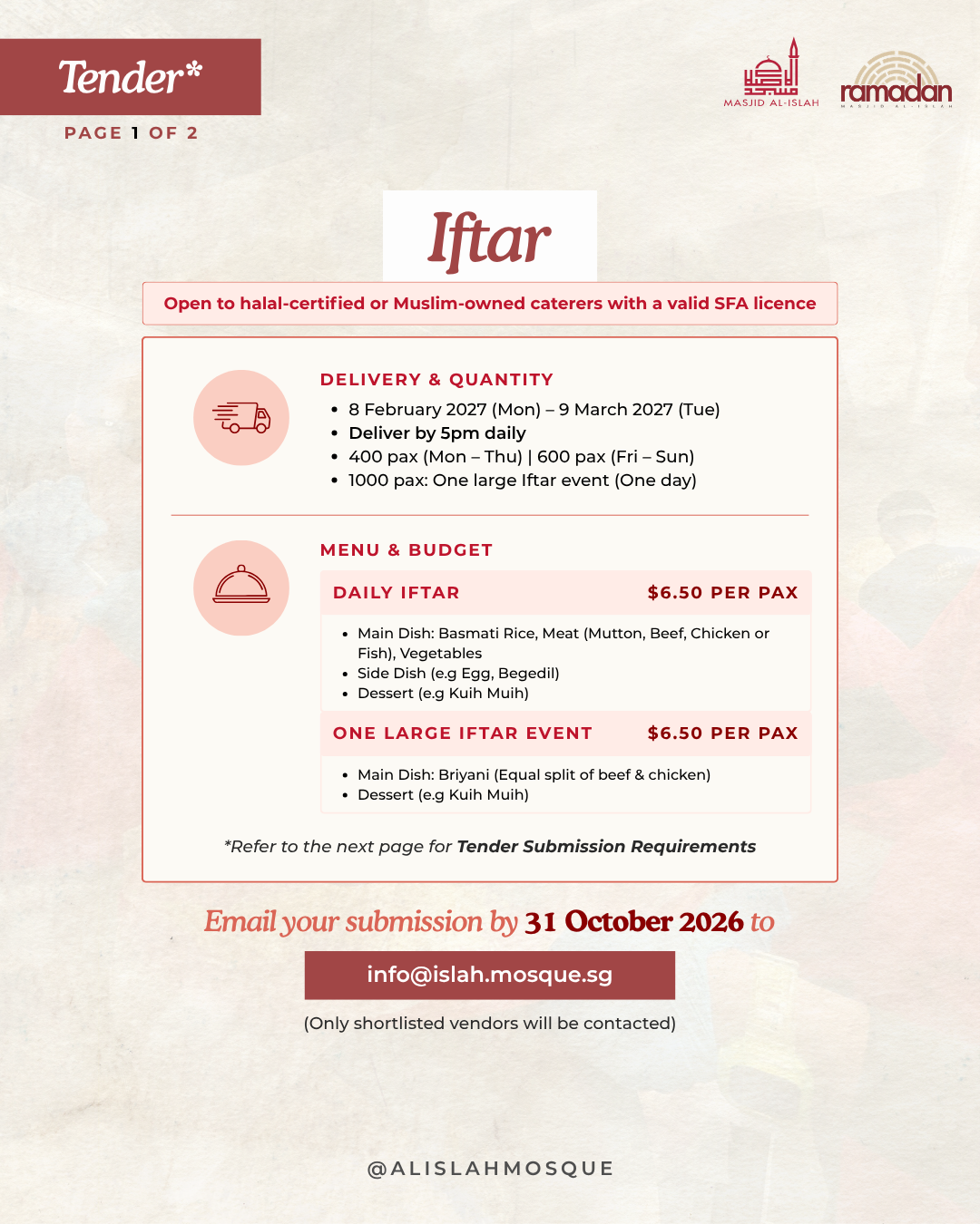 Iftar tender scope, menu and budget
